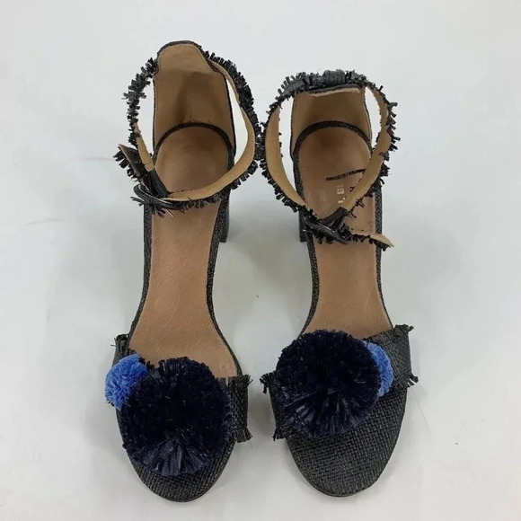 All Black Open-toe Raffia Fringe Pompom Block Heels Ankle Strap Sandals Size 7.5 - Picture 8 of 15